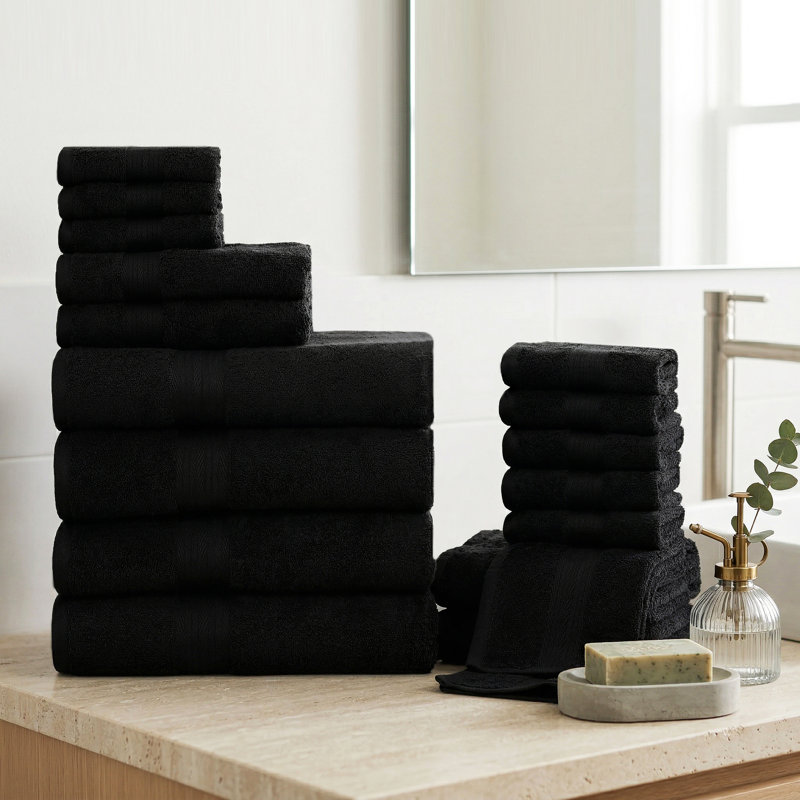 Ensemble de serviettes 100% coton doux et épais Como, Noir, Ensemble de serviettes 18 pièces