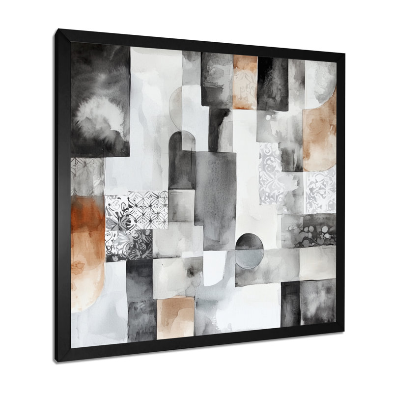 Gris et brun bohème mosaïque tons de terre I - reproduction d'art moderne abstrait transitionnel, Noir, H 16 po x l 16 po