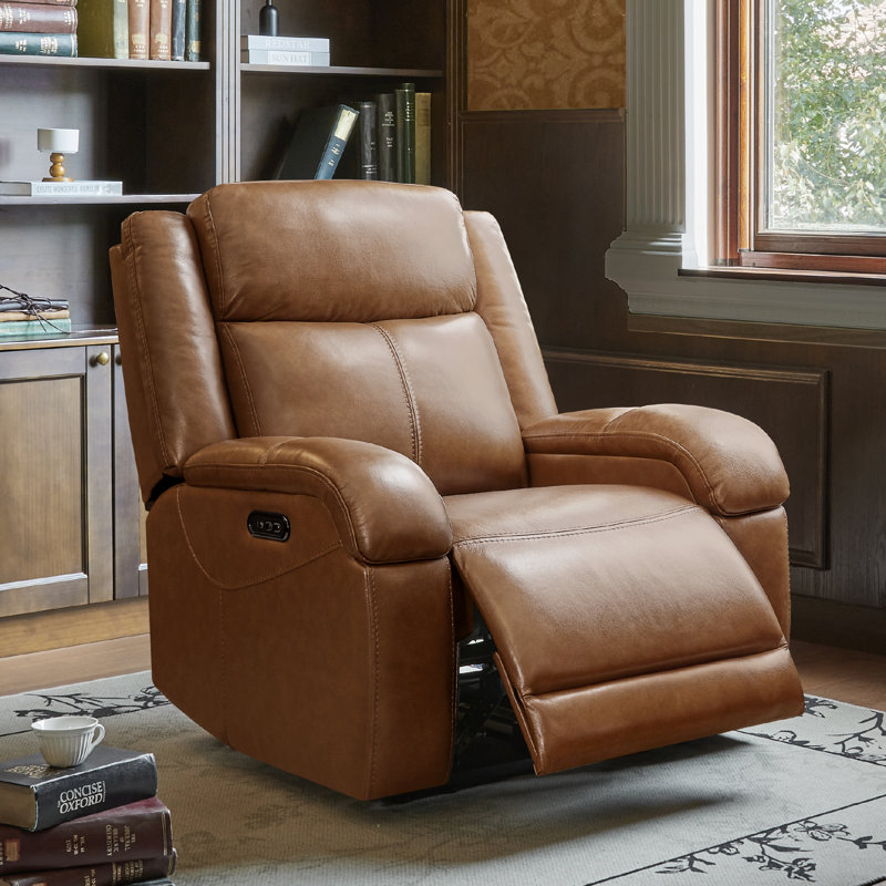 Fauteuil inclinable électrique Zachery en cuir véritable avec port USB, Cuir véritable brun moyen