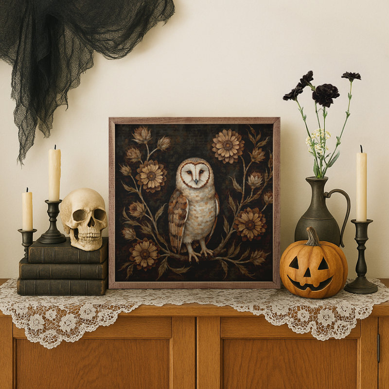 Hibou floral d'automne, H 16 po x l 16 po