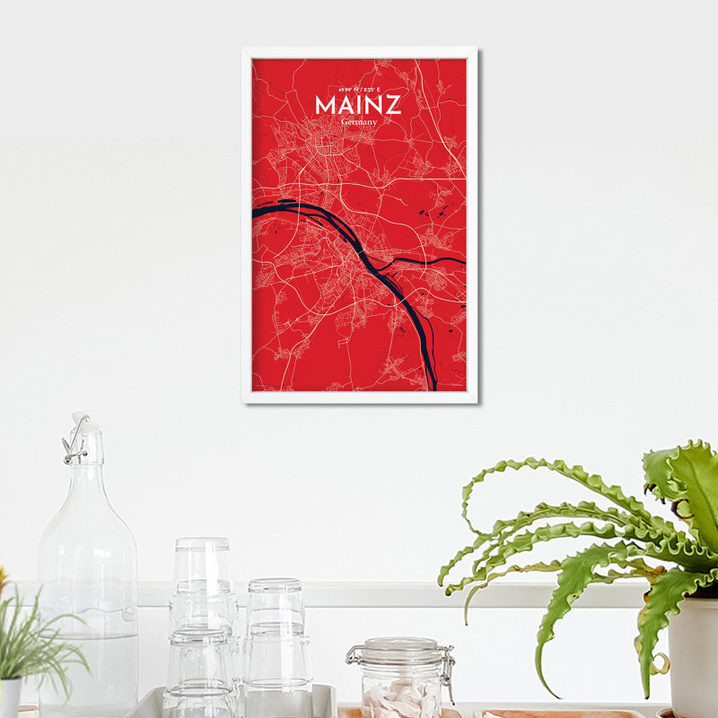 Mainz, carte de la ville, impression, Rouge / Bleu marine, H 17 po x l 11 po