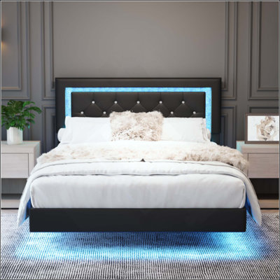 Cadre de lit avec tête de lit, cadre de lit flottant avec lumières DEL, lit plateforme tapissier avec tête de lit capitonnée Diamond, aucun sommier requis