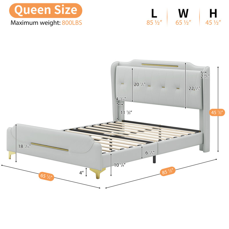 Grand lit tapissier en polyuréthane avec tête de lit à oreilles et renfort en métal, lattes, cadre gris luxueux, revêtement en cuir, or fantaisie sur une capacité de 800 lb, facile à nettoyer
