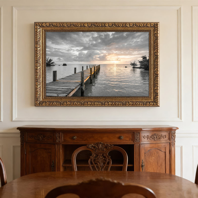 Art mural en toile noyer doré encadré pour le salon, la chambre à coucher, le bureau ou le vestibule - décoration murale décorative avec coucher de soleil