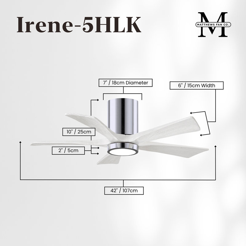 Irene Flushmount Light Kit 5 Blade LED Ceiling Fan, Polished Chrome, 42", Matte White