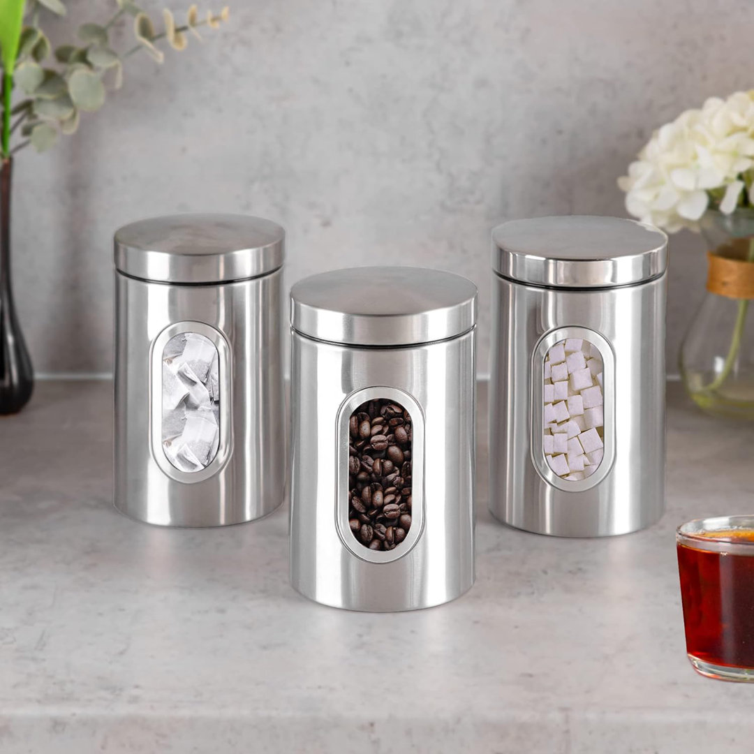 Set of 3 Stainless Steel Kitchen Canister Set Coffee Tea Sugar Storage Jars Pots