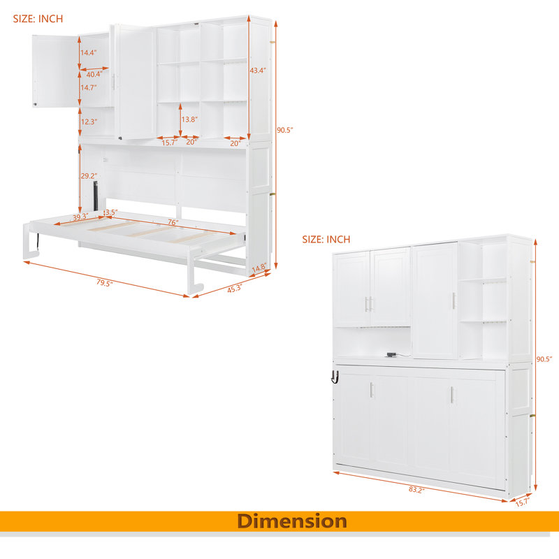 Lit escamotable mural simple avec armoire supérieure, tablettes, lit pliable peu encombrant avec lumière et USB