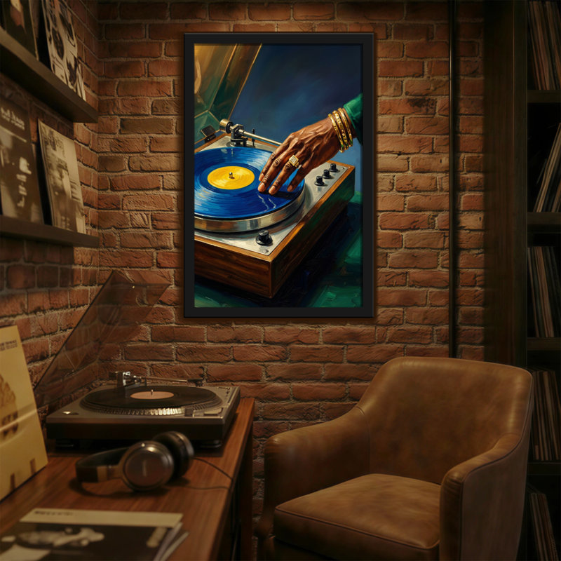 Illustration abstraite d'une main sur un tourne-disque vinyle, H 18 po x l 12 po