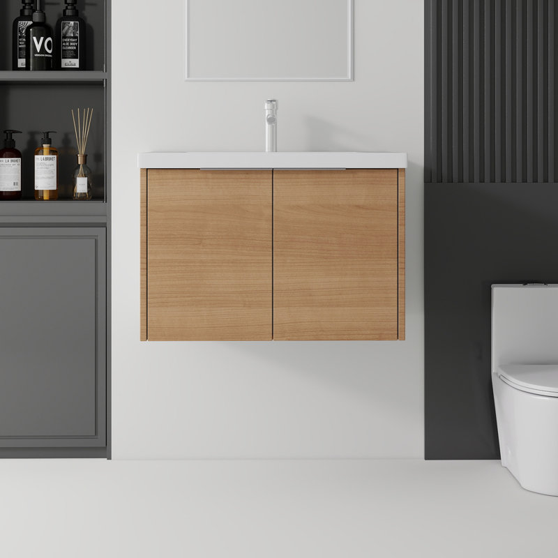 Meuble-lavabo suspendu de 76 cm avec lavabo en céramique, armoire murale en contreplaqué, 2 portes à fermeture douce, noyer