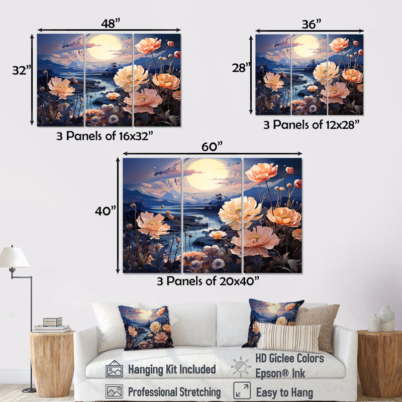 Charmant coucher de soleil magique prairie I - ensemble d'art mural sur toile fleur, H 28 po x l 36 po x P 1 po