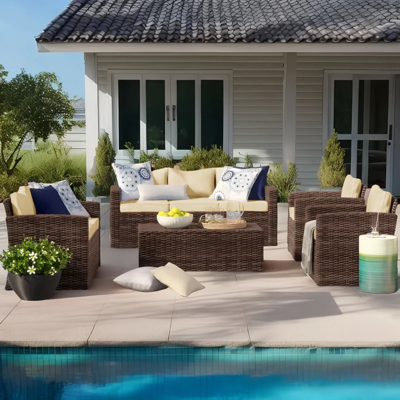 Arlington Outdoor Wicker 7 Person Seating Group with Cushions, Brown Wicker Frame/Beige Cushion