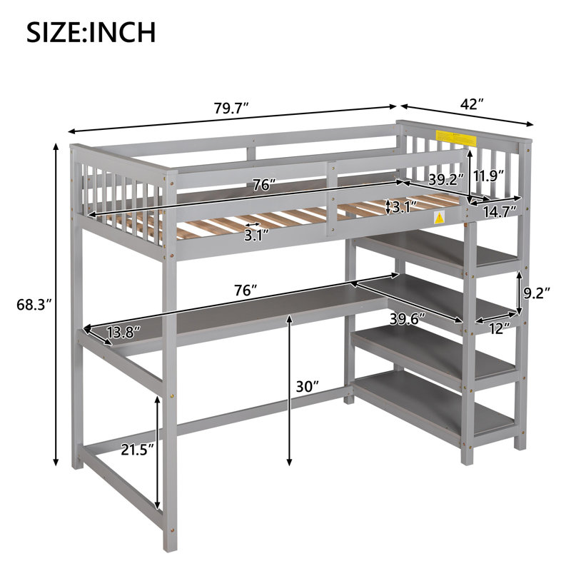 Lit mezzanine avec tablettes de rangement et bureau sous le lit, poste de travail compact en bois massif, Gris, Lit simple