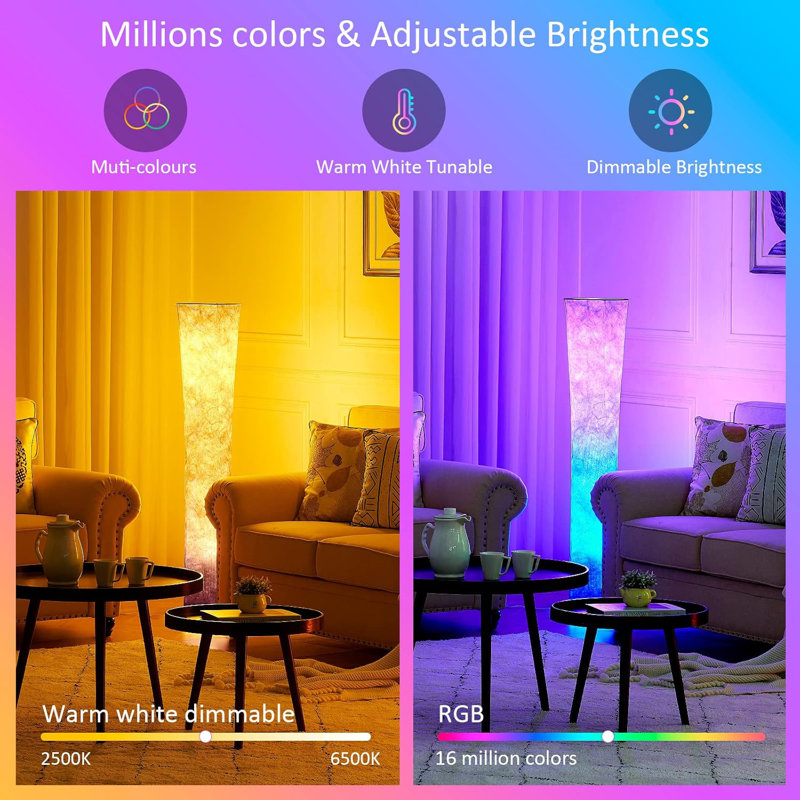 Rgb Color Changing Floor Lamp With Adjustable Brightness & Temperature, Smart Control Via App, Remote, Voice, Eye-Caring Led Bulbs, Durable Design For Living Room, Bedroom, Office