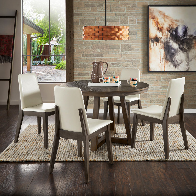 Cipolla 47" Wood Finish Fixed Top Round Dining Set - 5-Piece, Dining Table, White Faux Leather Dining Chairs, Brown