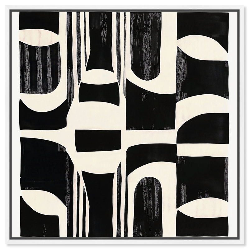 Art abstrait noir sur toile noir, Cadre blanc, H 13 po x l 13 po