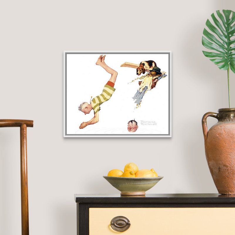 Deux vieux hommes et chien: toile de nage, art mural, H 18 po x l 22 po x P 1,75 po, Cadre flottant blanc