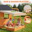 Maisonnette extérieure en bois pour enfants avec balançoire, bac à sable, cuisine et coin goûter pour des jeux actifs dans le jardin