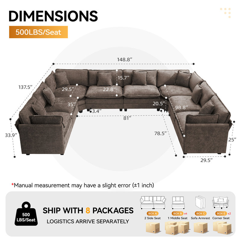 Canapé modulaire en chenille, Forme en U surdimensionnée, Brun