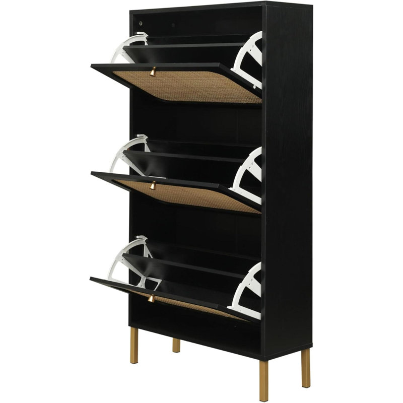 Rangement pour chaussures en rotin avec 6 tiroirs rabattables, Bois noir