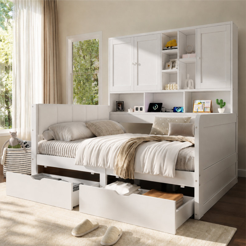 White Storage Bed 90x190cm with Cabinets, Drawers, RGB LED & USB