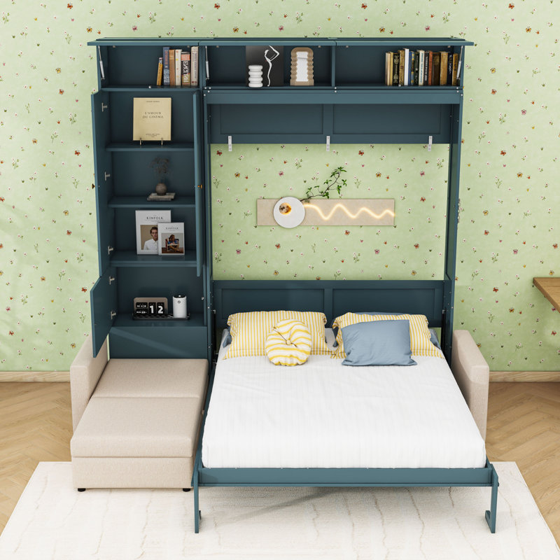 Grand lit escamotable avec canapé et tablettes, Beige