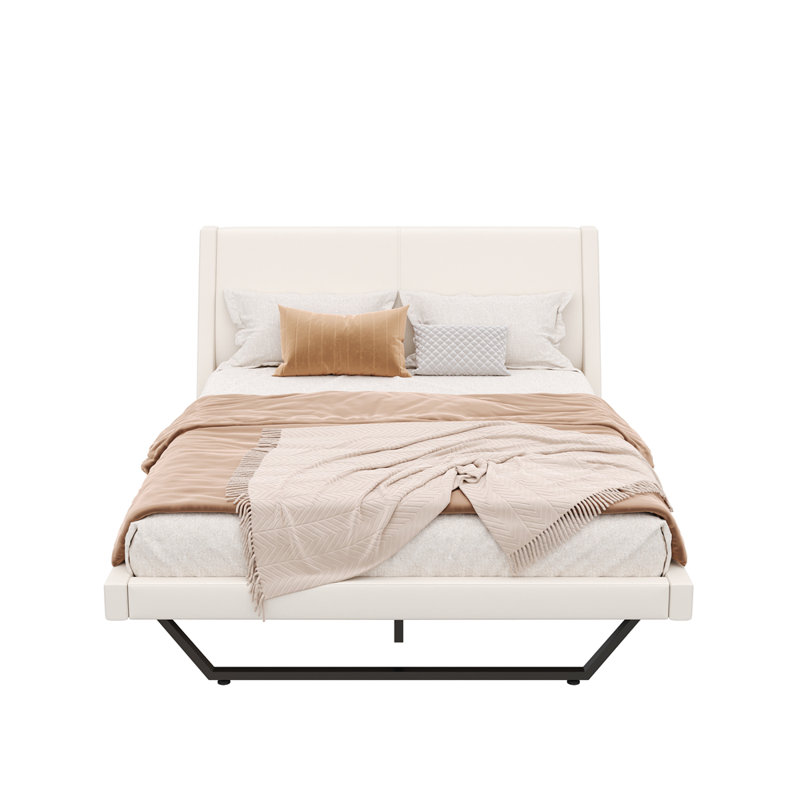 Grand cadre de lit tapissier, lit plateforme en cuir d'unité centrale avec un design en forme de vague et un pied de forme trapézoïdale, aucun sommier nécessaire