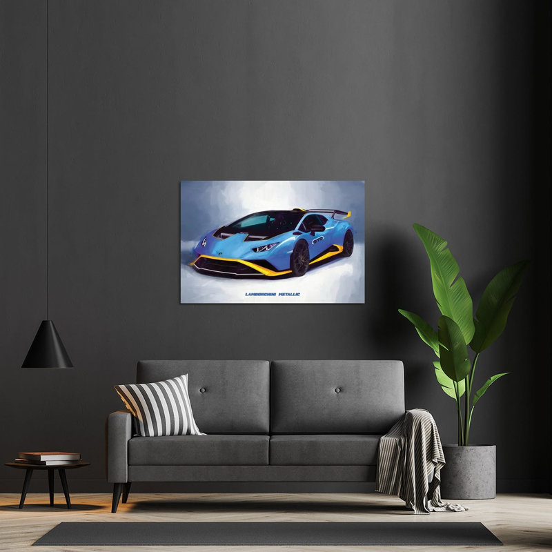 Lamborghini métallique, reproduction à l'aquarelle sur verre acrylique, H 24 po x l 32 po x P 0,25 po