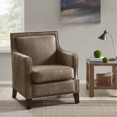 Chaise d'appoint brune, fabrication en bois franc massif, coussin en mousse amovible, capacité de poids de 300 lb, revêtement en similicuir, clous en laiton brun et contreplaqué, amovible