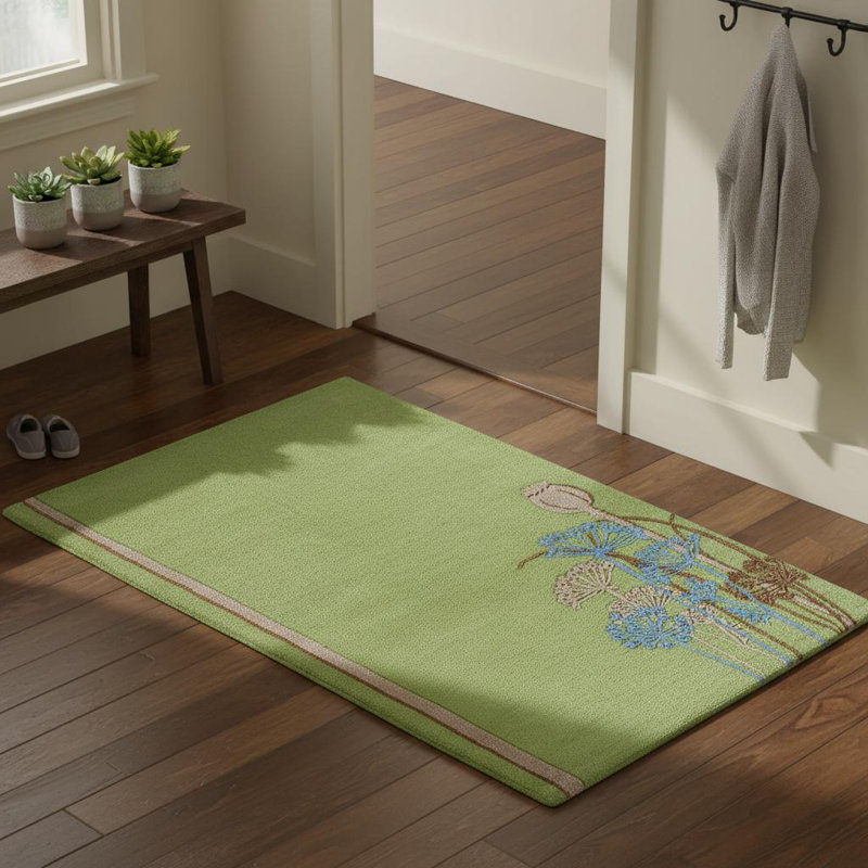 Tapis vert en laine à motif de fleurs sauvages artificielles touffetées à la main Dooling, Rectangulaire 2 pi x 3 pi