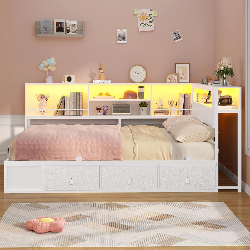 Corner Bed Frame Full Size With Bookcase Storage & Rgb Lights, Charging Station, Metal Daybed With 3 Drawers & 2 Open Cubbies, For  Small Space