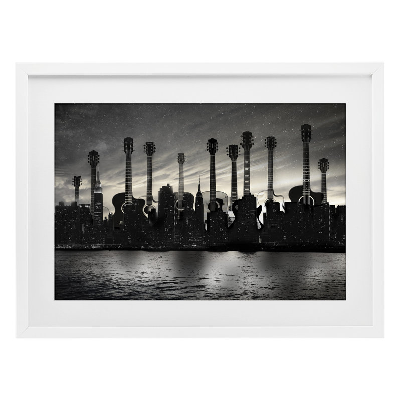 Guitare, paysage urbain, impression encadrée sous verre, conception par CAD Designs, H 17 po x l 23 po