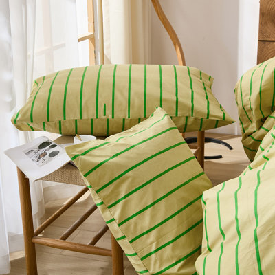 Striped Comforter Set King Size - 100% Cotton Bedding Set, Khaki & Green Stripes Pattern Comforter 3 Pieces, Soft Linen Like Comforter Set for All Seasons