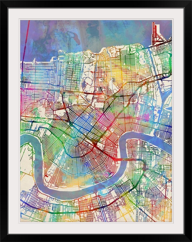 «New Orleans Street Map» par Francy, impression, l 44 po x P 35 po x H 1 po, Cadre noir