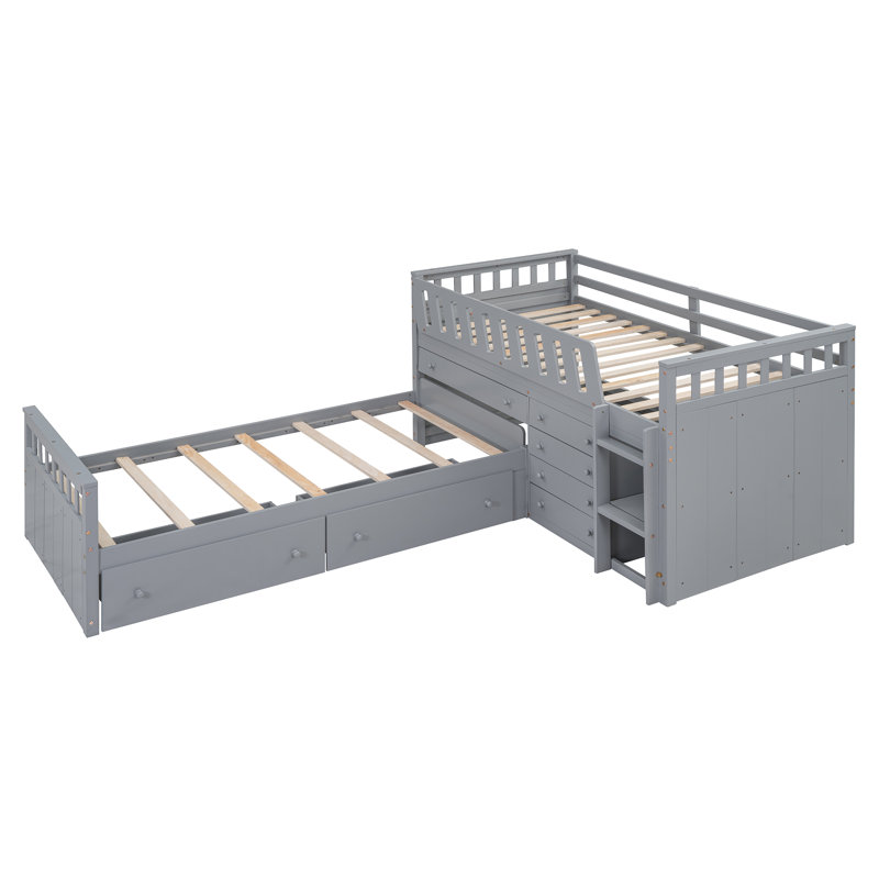 Lit mezzanine simple en L et lit plateforme simple avec 7 tiroirs et garde-corps complets en L (gris)