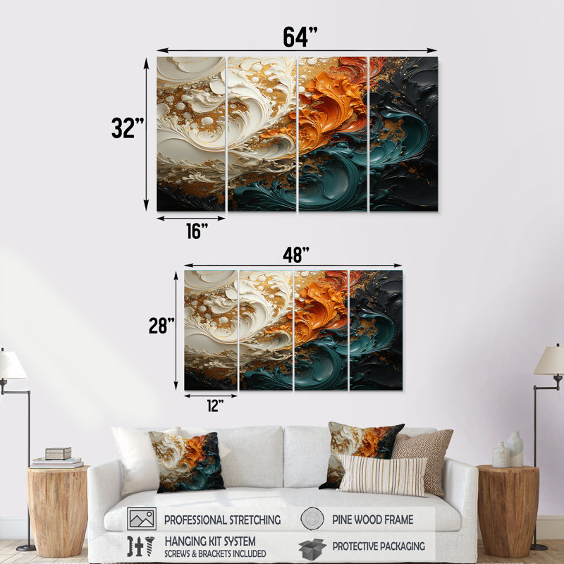 «Orange and Gold Ripple Waves Melody IV», ensemble de 4 peintures murales abstraites, H 28 po x l 48 po