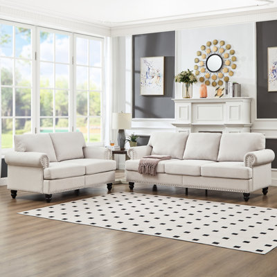 Canapé 2 + 3 places en tissu de style américain classique, revêtement beige, sièges à ressorts confortables, décoration clous argentés et housses de coussin amovibles Pieds, housses, décoration en bois massif