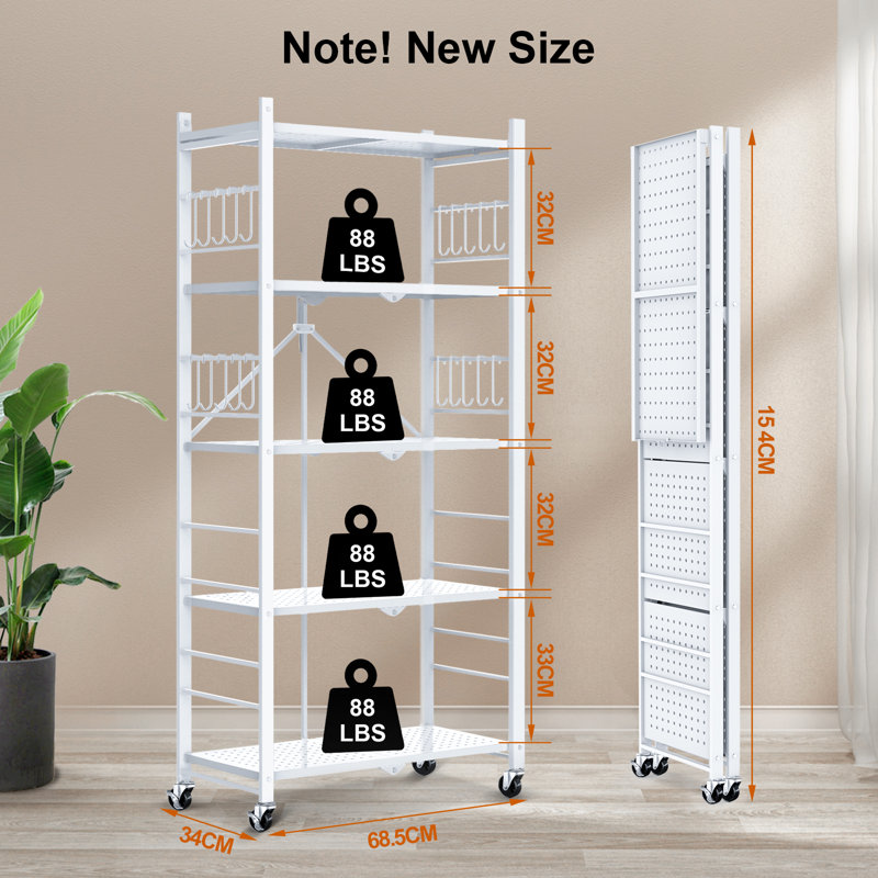 Tablettes de rangement avec 20 crochets, étagère de rangement pliante 5 niveaux, Blanc