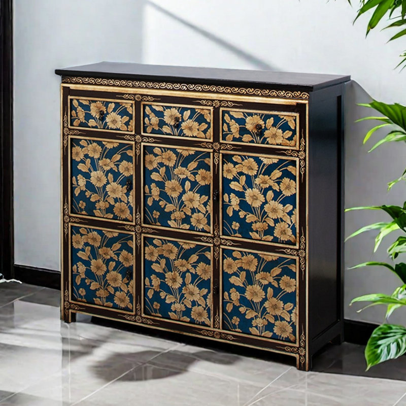 Armoire de rangement à chaussures en bois massif de style tibétain avec 12 paires de chaussures