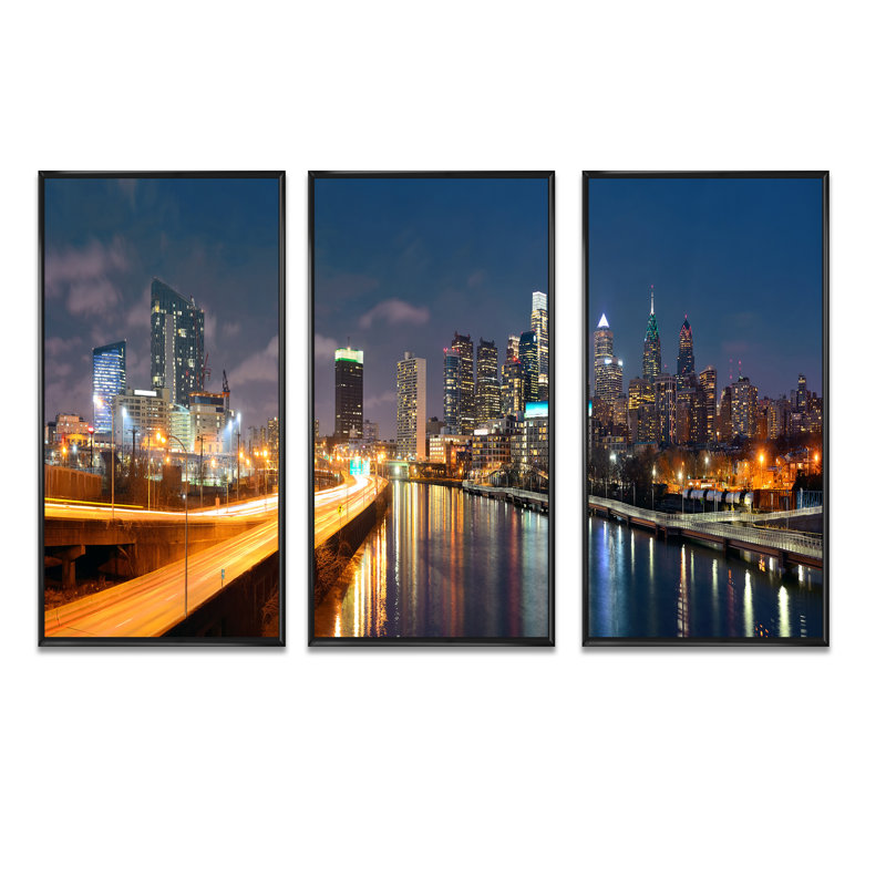 " Philadelphia Skyline At Night " 3 - Pieces, Black, 36" W x 28" H x 1" D