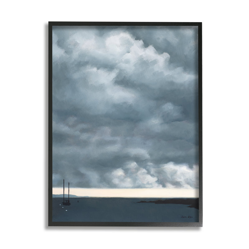 Bateau de mer lourd et couvert de nuages lourds par Jen Eitel - Peinture, L 24 po x H 30 po, Giclée encadrée noir minuit