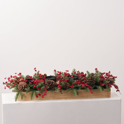 Sage Pine and Cranberry Advent 4-Pillar Candle Centerpiece in Wood Trough
