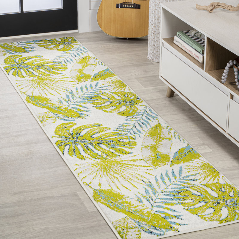 Marlinton Tropical Leaves Ivory/Green Rug, Runner 2' x 8'