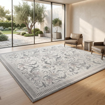 Tapis lavable 8 x 10 pi pour salon - Grand tapis à motif floral moderne avec motif de feuilles, envers en TPR antidérapant, velours doux, lavable à la machine, gris