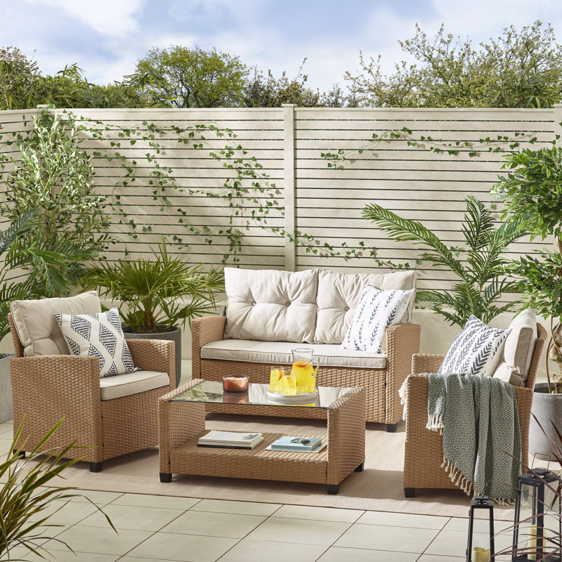 Ariona 4 Seater Rattan Garden Sofa Set & Coffee Table - Boho Design with Cushions (Cover Included), Beige