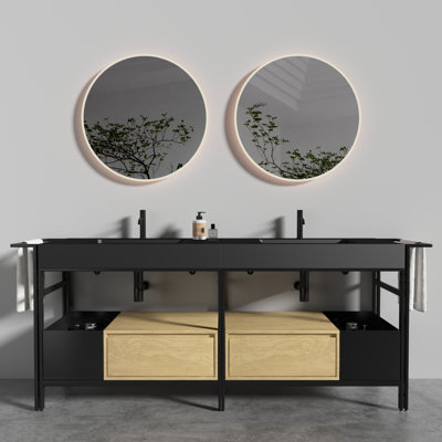 Meuble-lavabo de 72 pouces avec une structure en métal robuste, une barre à serviettes réglable et un bassin en pierre artificielle blanche à bords arrondis lisses, convient aux poignées modulaires de style industriel, au rangement ouvert,