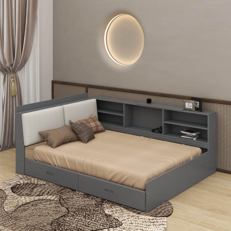Lit plateforme en bois avec tête de lit, tablettes et 2 tiroirs, Gris