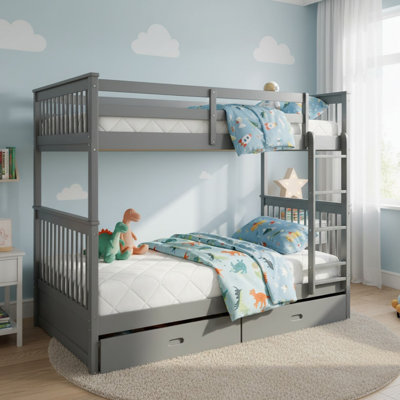Solid Wood Full Over Full Bunk Bed with Ladders and 2 Storage Drawers for Boys& Girls