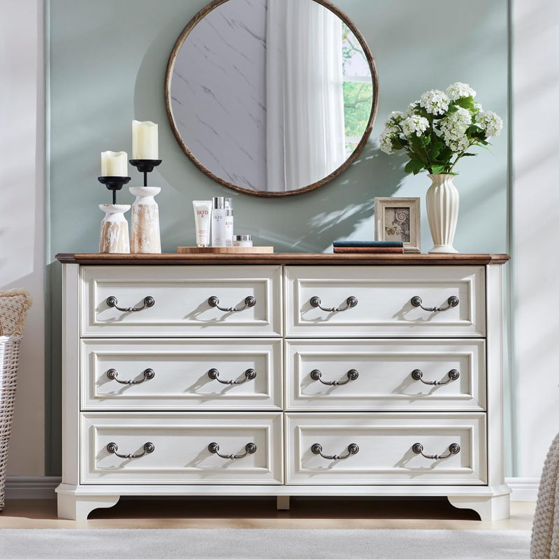 Farmhouse 6-drawer Wooden Chest Of Drawers, Solid Wood Dresser, Storage Cabinet For Bedroom, Antique White