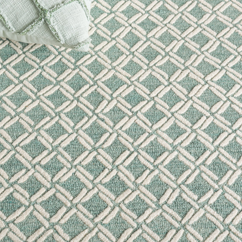 Ivory and Light Blue Geometric Handmade Wool Tufted Rug 4' x 6'