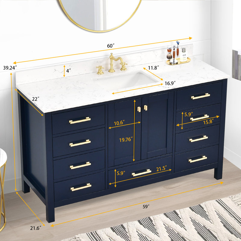 Zenith 60'' Single Bathroom Vanity With Engineered Stone Top, Blue, Brushed Gold